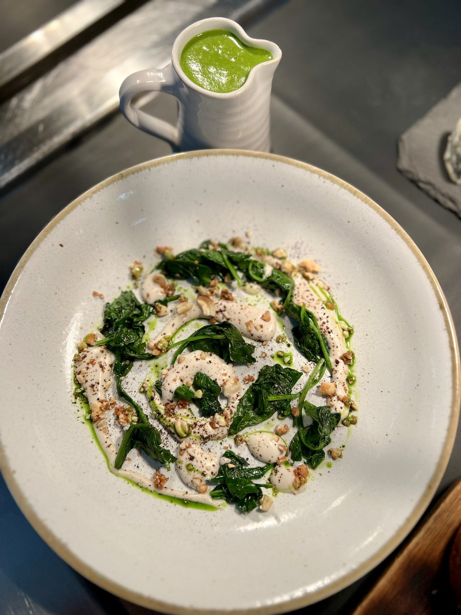 ‘Just’ a bowl of soup

Watercress soup
Cashew nut cream
Wilted watercress
Cashew nut brittle 
Tarragon oil