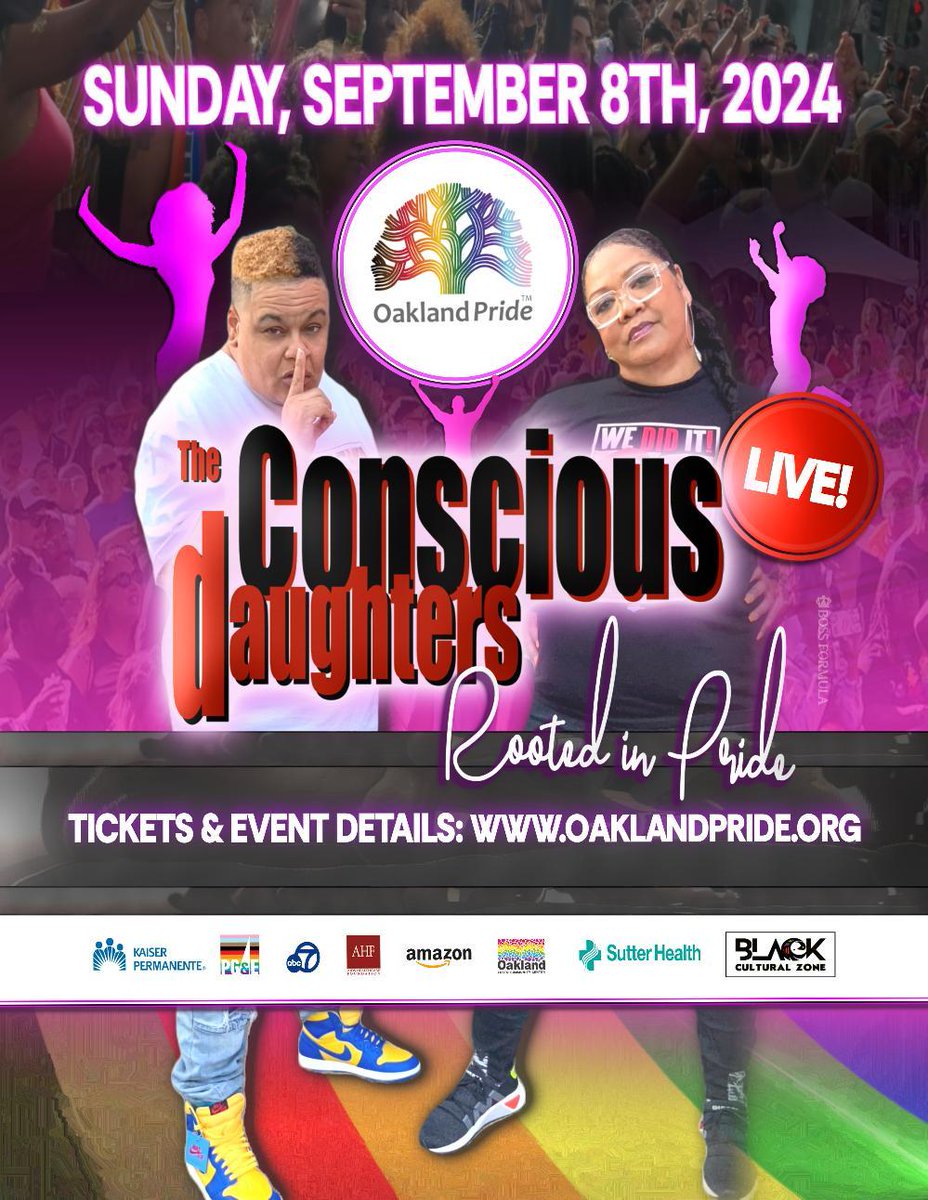 Next week, the surviving Conscious Daughter, Carla “CMG” Green will be joined by MCYB on the Oakland Pride Main Stage for a powerful tribute to the groundbreaking Oakland duo.  

#OaklandBlackPride #OaklandPride #rootedinpride #theconsciousdaughters