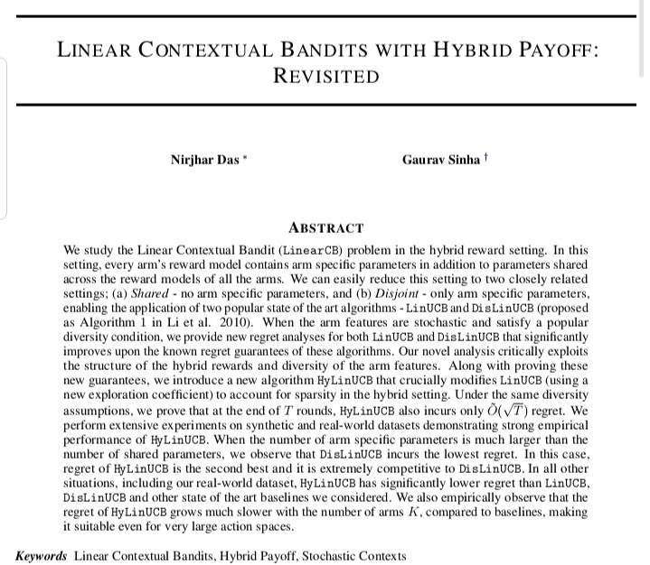 Attending <a href="/ECMLPKDD/">ECML PKDD</a> 2024 in Vilnius, Lithuania to present our paper "Linear Contextual Bandits with Hybrid Payoff: Revisited". 

If you're attending, would love to discuss anything cool including Learning Theory and ML Theory. 

Joint work with @sinhagaur88