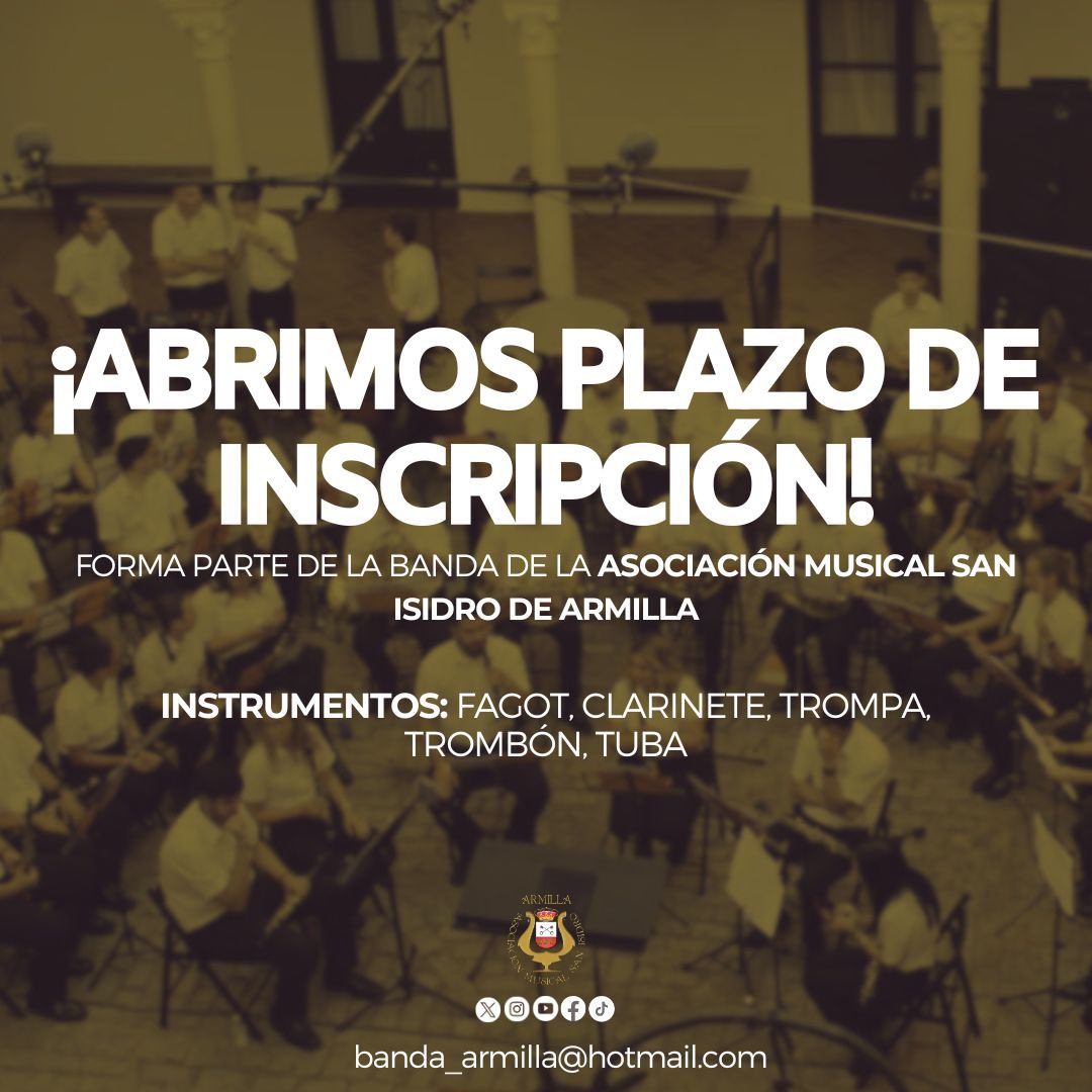 BandadeArmilla's tweet photo. 📣 ¿𝐐𝐮𝐢𝐞𝐫𝐞𝐬 𝐬𝐞𝐫 𝐩𝐚𝐫𝐭𝐞 𝐝𝐞 𝐧𝐮𝐞𝐬𝐭𝐫𝐚 𝐟𝐨𝐫𝐦𝐚𝐜𝐢𝐨́𝐧?

Abrimos plazo de inscripción para nuevos compañeros. 

📩  Si estás interesado en ser miembro de nuestra banda, tan solo envíanos un correo: banda_armilla@hotmail.com

🗣️ ¡Te esperamos! https://t.co/dZYJyhFDbM