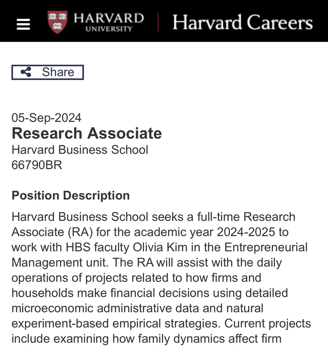 Olivia Kim (@livskim) on Twitter photo 🚨 Come work at <a href="/HarvardHBS/">Harvard Business School</a>!
You'll work on exciting projects related to household finance and corporate finance, receive mentorship, and sharpen your analytical skills through direct research involvement.
Link: tinyurl.com/25tf367t
Priority deadline: Sept 20th 🚨 Come work at <a href="/HarvardHBS/">Harvard Business School</a>!
You'll work on exciting projects related to household finance and corporate finance, receive mentorship, and sharpen your analytical skills through direct research involvement.
Link: tinyurl.com/25tf367t
Priority deadline: Sept 20th