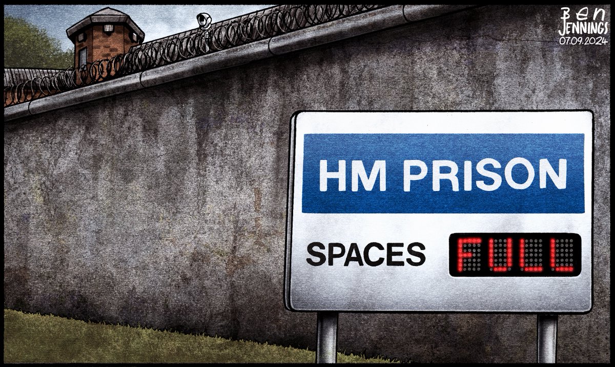 KWSnet's tweet photo. #COMICS #POLITICALCARTOON #UKPRISONS
@KWSnet RT
Ben Jennings @BJennings90
Cartoonist and Illustrator.
Official Site: https://t.co/8yed0H6Gvl
The Guardian: https://t.co/mt7edHqXFw
🔸 'HM Prison | Spaces: FULL,' 9 Sep 2024. Ben Jennings, The i paper. https://t.co/e39md4uNph