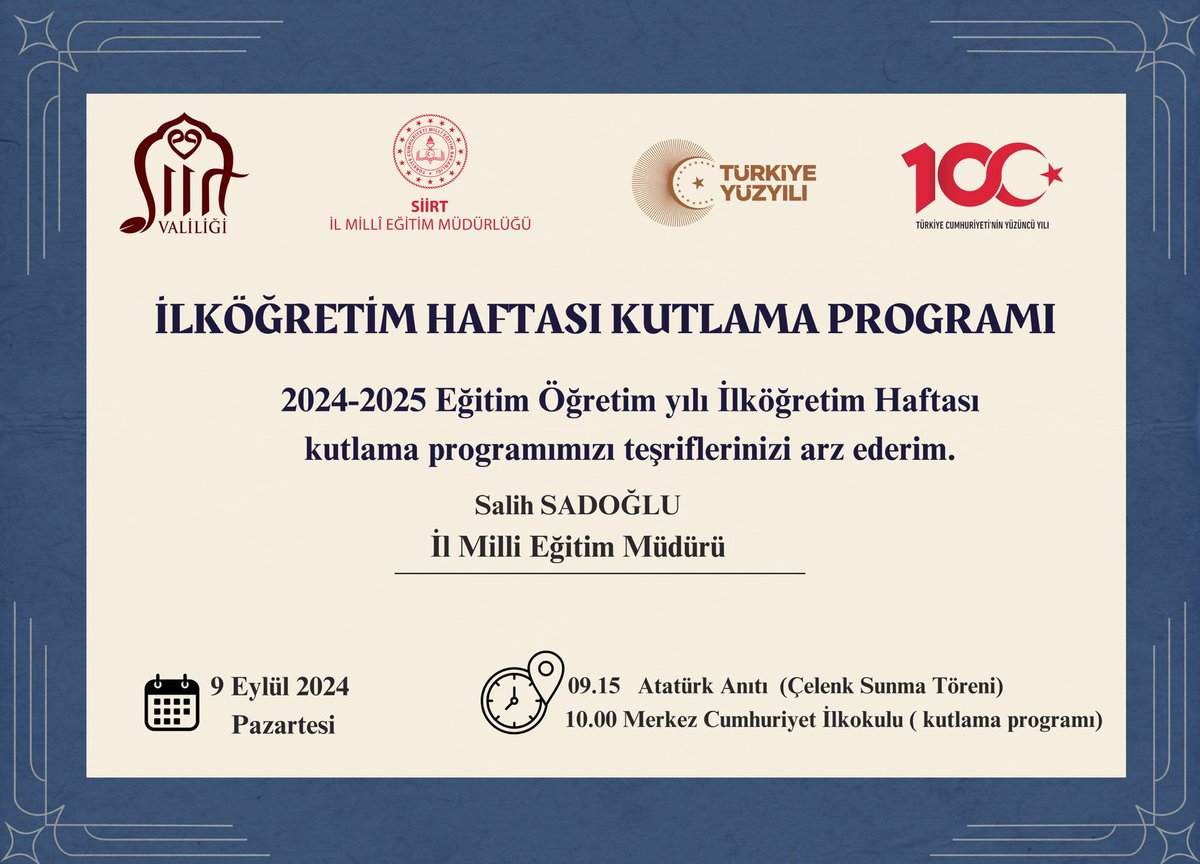 2024-2025 Eğitim Öğretim yılı İlköğretim Haftası Kutlama programına tüm halkımız davetlidir. 
<a href="/tcmeb/">Millî Eğitim Bakanlığı</a> <a href="/Yusuf__Tekin/">Yusuf Tekin</a> <a href="/ebubekirsavasci/">Ebubekir Sıddık Savaşçı</a> <a href="/Dr_KemalKzlkaya/">Dr. Kemal KIZILKAYA</a> <a href="/sadoglu_salih/">Salih Sadoğlu</a>
