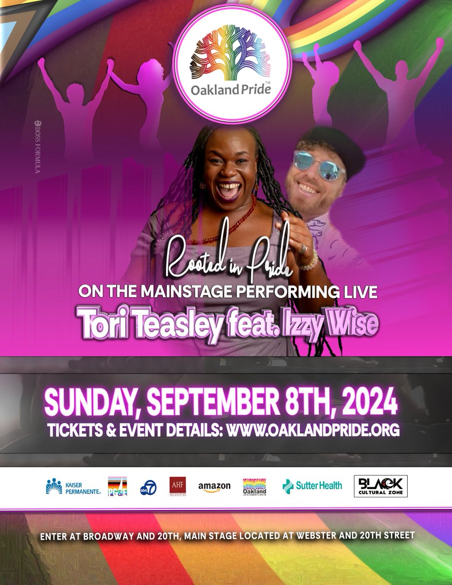 JOIN US! SUNDAY,  SEPT 8TH, 2024! 

Oakland Pride is excited to announce the Powerhouse Vocalist, Tory Teasely feat. Izzy Wise. 

🎤 She will be on the main stage, lighting it up! 

#OaklandPride #RootedinPride #mainstage 
#Festival #Parade #LGBTQ