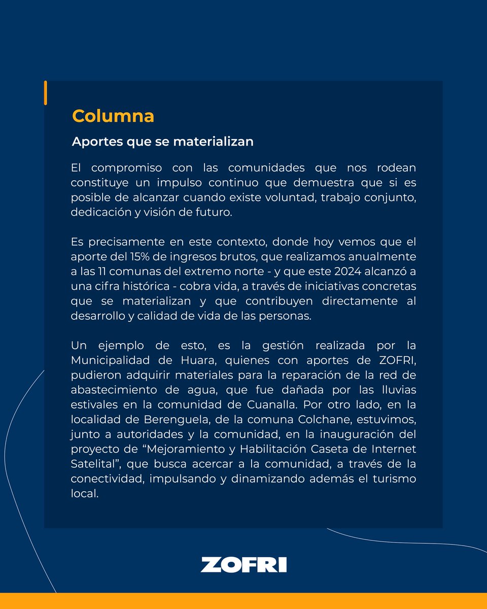 Zofri_SA's tweet photo. 📢 Te invitamos a leer la columna de nuestro Presidente Iván Berrios en La Estrella de Iquique.
Descubre cómo los aportes de ZOFRI están transformando comunidades y mejorando la vida en el norte de Chile. 🌍🤝
#ZOFRI #Desarrollo #Comunidades #Iquique #Tarapacá #Futuro https://t.co/qGPoLAsWhg