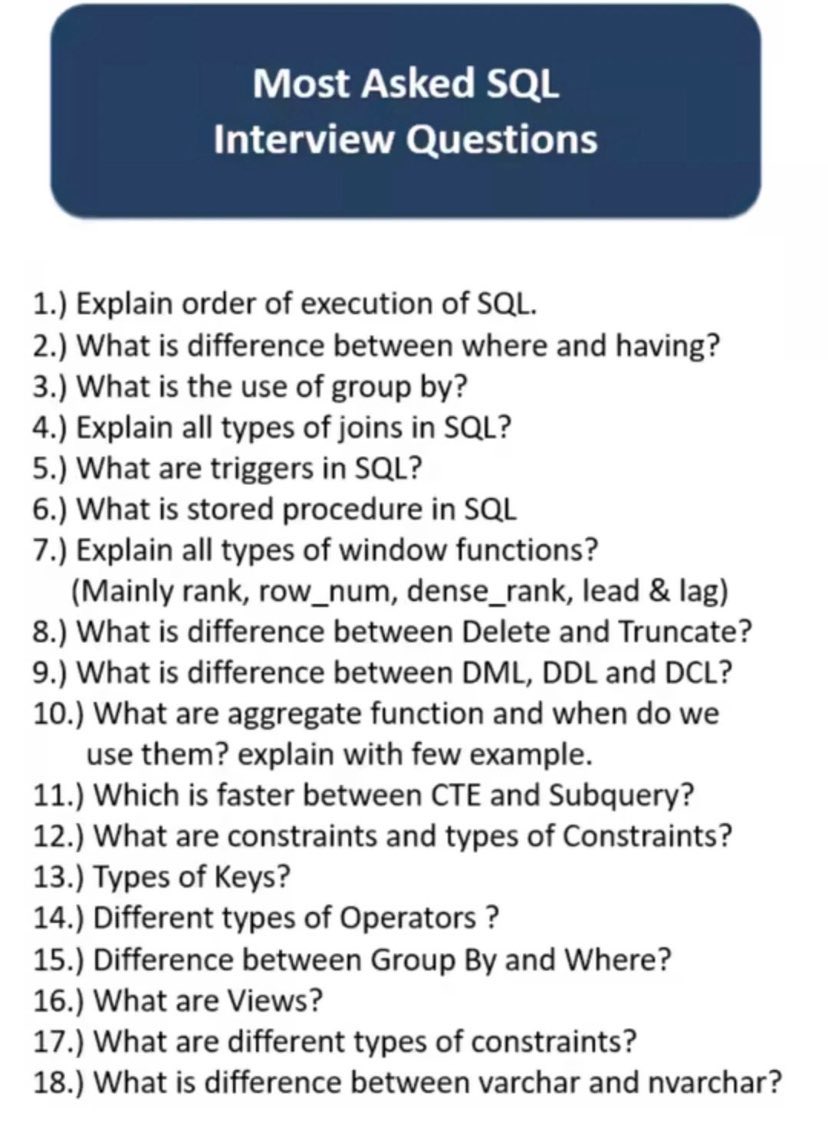 ezekiel_aleke's tweet image. 18 most asked SQL Questions in an interview🔥
You can’t escape 13 & 16.