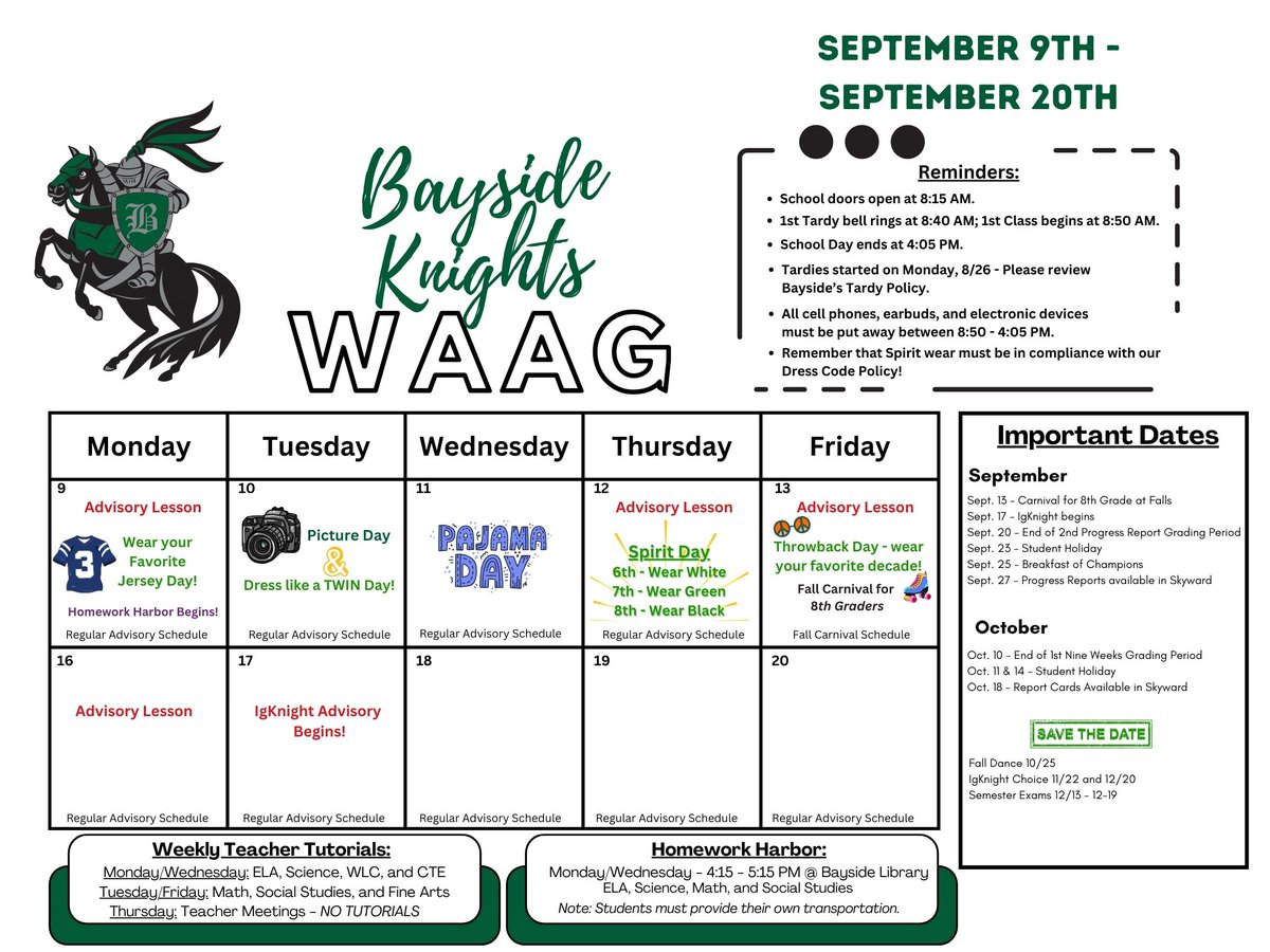 Hey everyone! 🌟 This week is all about showing our school spirit and having a blast with some awesome themed dress-up days. Check out our WAAG and get ready to rock your best outfits!