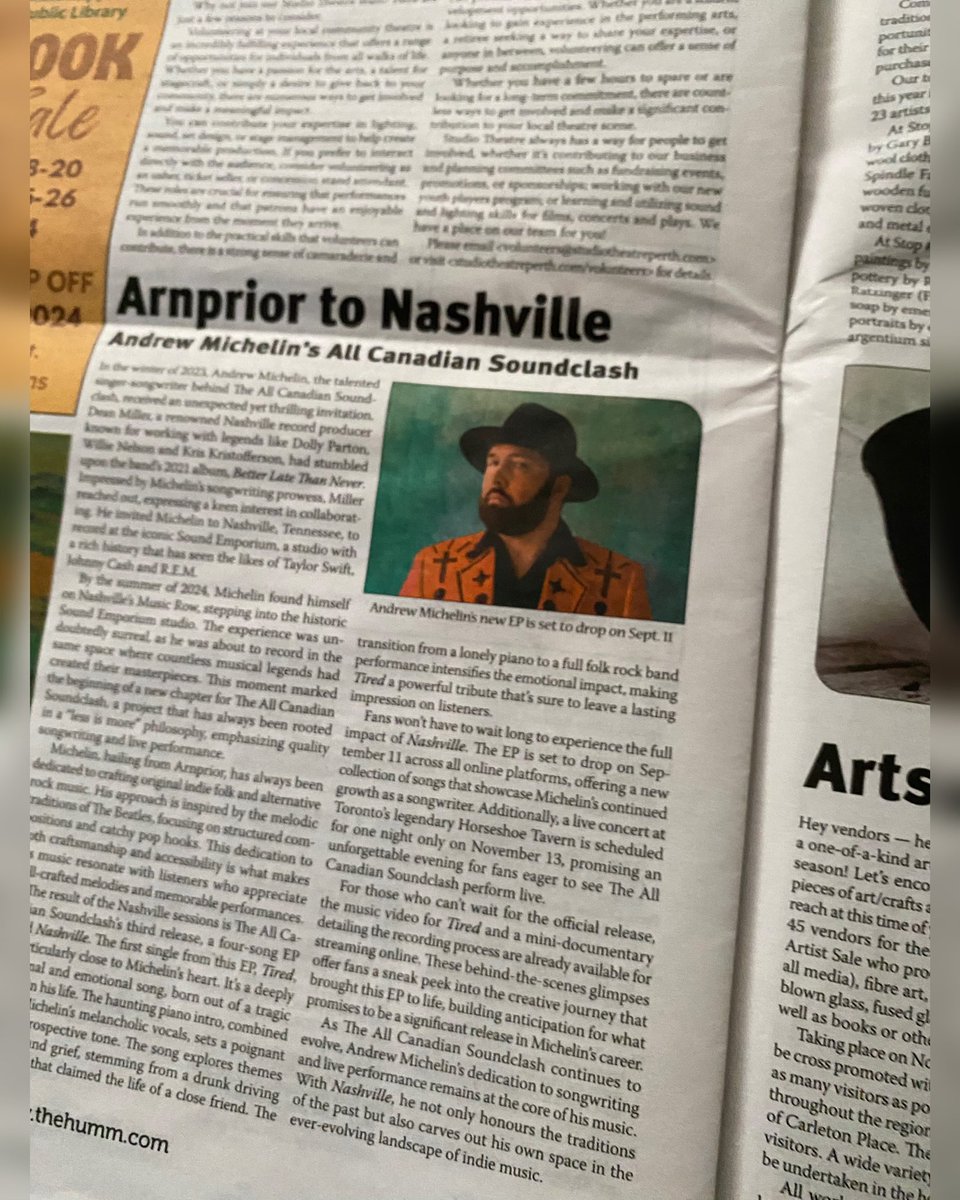 I had the incredible opportunity to record my new four song E.P. in Nashville, and I’m honored that this journey is being featured in the latest edition of the Humm newspaper. The article is titled “Arnprior to Nashville” and highlights my experience creating music there!