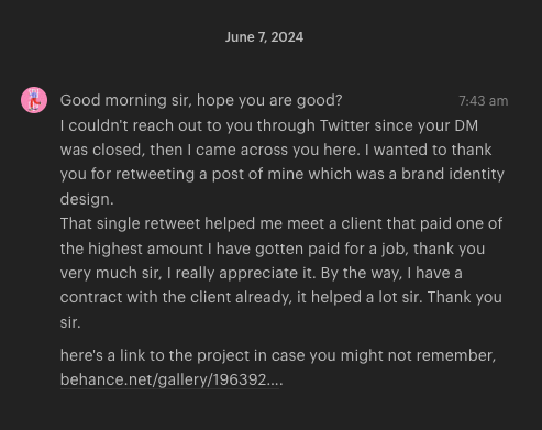 leyeConnect's tweet photo. I got this message in June, I just saw it yesterday (got an email notification from the platform that made me see this).

My point is if you don't post your work, there will be nothing to retweet. I am talking to all of you introverts. https://t.co/J2K4a8wqlX