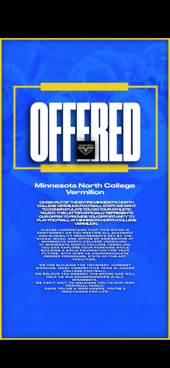 thakidevan's tweet photo. Blessed to announced that i have received my first offer to play at Minnesota North College Vermilion @1CoachCollins @coachbusby22 @johnson_three @DJJG11 @alvin_jacketfb https://t.co/eviYNRYKKs