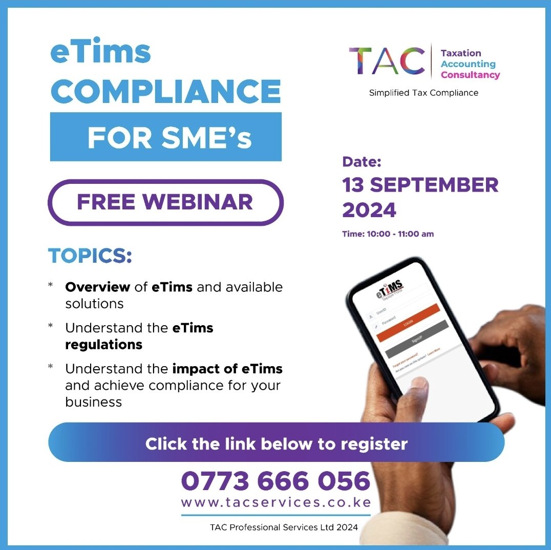 Register for this free webinar on 13th September 2023. The aim is to help SME founders, accountants, and finance professionals navigate Kenya's new eTims system and simplify tax compliance live.zoho.com/cPDfIW46c4