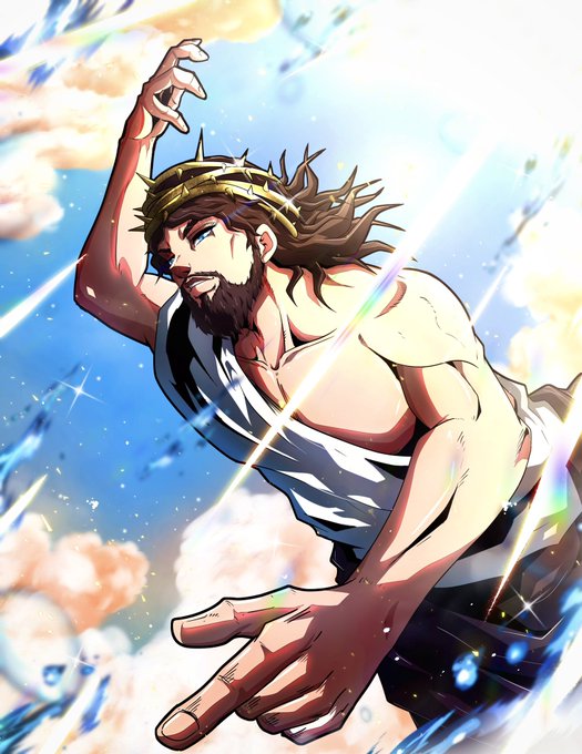 PaulWomock's tweet image. ART BY NOONVINCENT
i was watching jjk one time and thought, "isnt jesus technically the honored one?" and came up with this idea.
@noonvincent this is pure gas bro 🔥