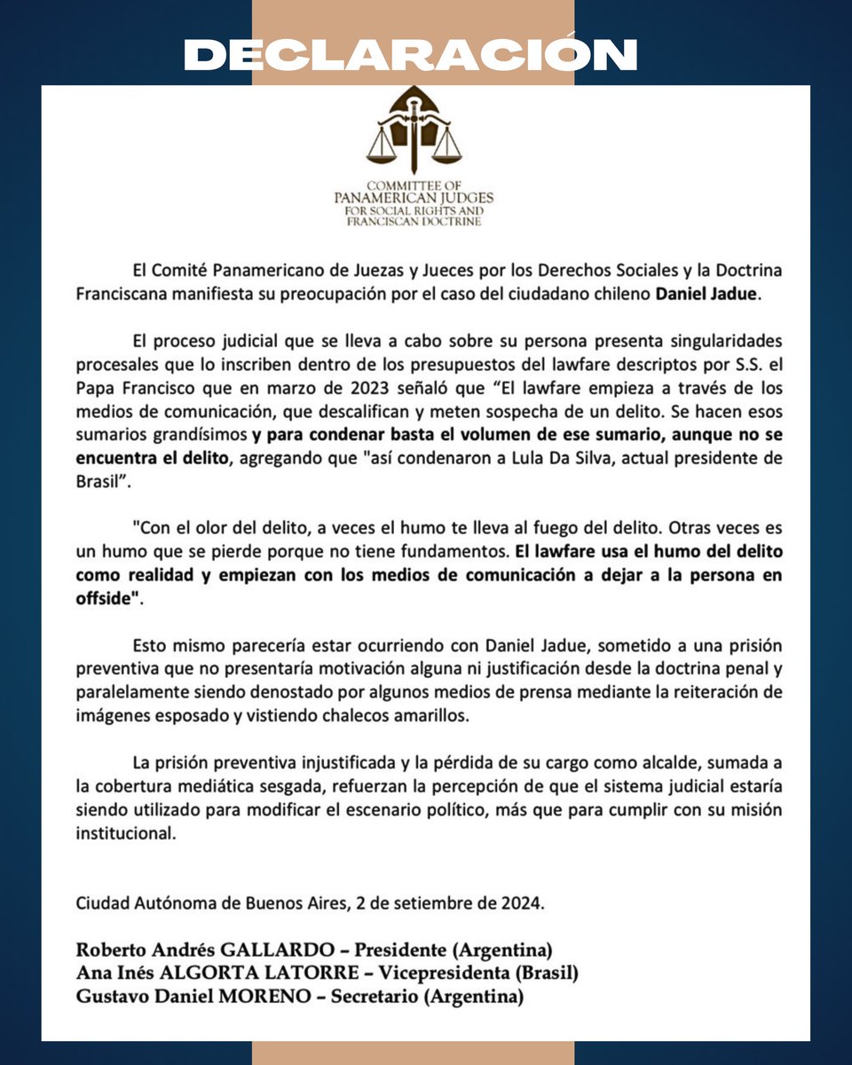 Quiero agradecer la Declaración del Comité Panamericano de Juezas y Jueces por los Derechos Sociales y la Doctrina Franciscana - COPAJU, creado por el Papa Francisco, que han emitido su preocupación por la situación que hoy atravieso. <a href="/COPAJUtwit/">COPAJU</a>