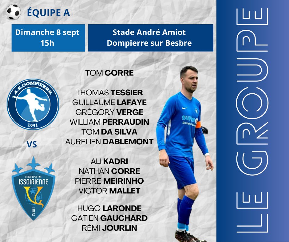 🔵⚪️ Groupe du week-end ⚪️🔵

❗ Info importante : 
-L'équipe B ne se déplacera pas ce soir à Saint-Pourçain en raison du forfait de l'adversaire.
-L’équipe C ne recevra pas Est Allier suite à leur forfait.

📅 Dimanche, rendez-vous au stade  pour soutenir l’équipe A !