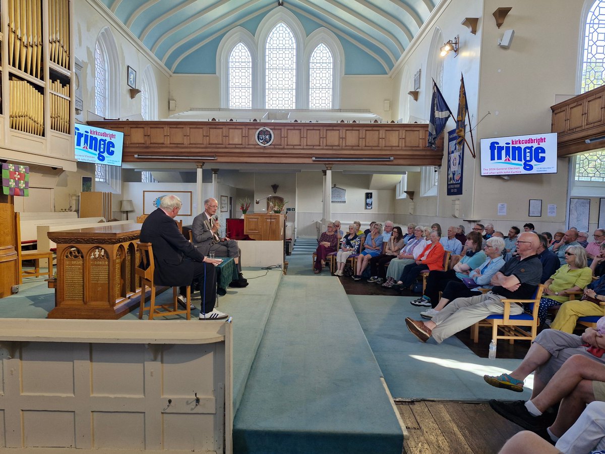 GerryHassan's tweet photo. John Curtice in conversation with Adam Boulton at Kirkcudbright Fringe in another sold-out event. John gave his analysis of the 2024 UK election &amp; why a battle between unpopular Tories &amp; Labour produced a Labour parliamentary landslide. HT @KBTfringe https://t.co/elK57yKlbM