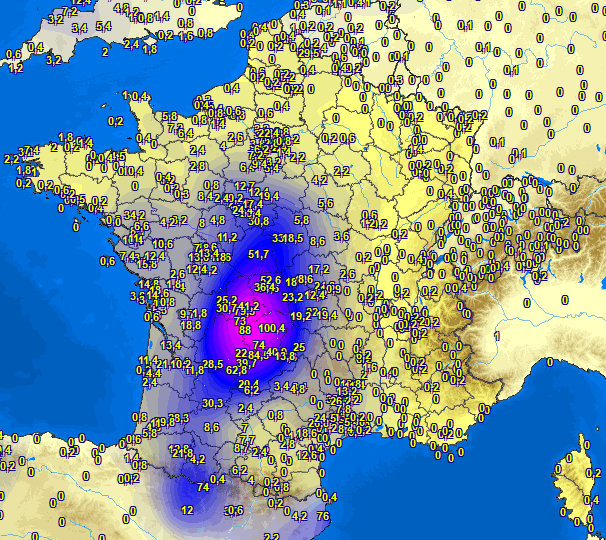 Meteovilles's tweet image. Aujourd'hui, les #pluies les plus importantes se sont concentrées dans l'Ouest du #MassifCentral, et notamment en #Corrèze où un cumul de 100.4mm sur les dernières 24h vient d'être enregistré à Saint-Yrieix-le-Déjalat (19). 

Carte : Meteociel