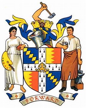 #Birmingham's coat of arms and motto. Our city moves #FORWARD through #ART and #INDUSTRY. 

Anyone who thinks it's a bright idea to suggest selling off the city's municipal art collection doesn't know Brum.