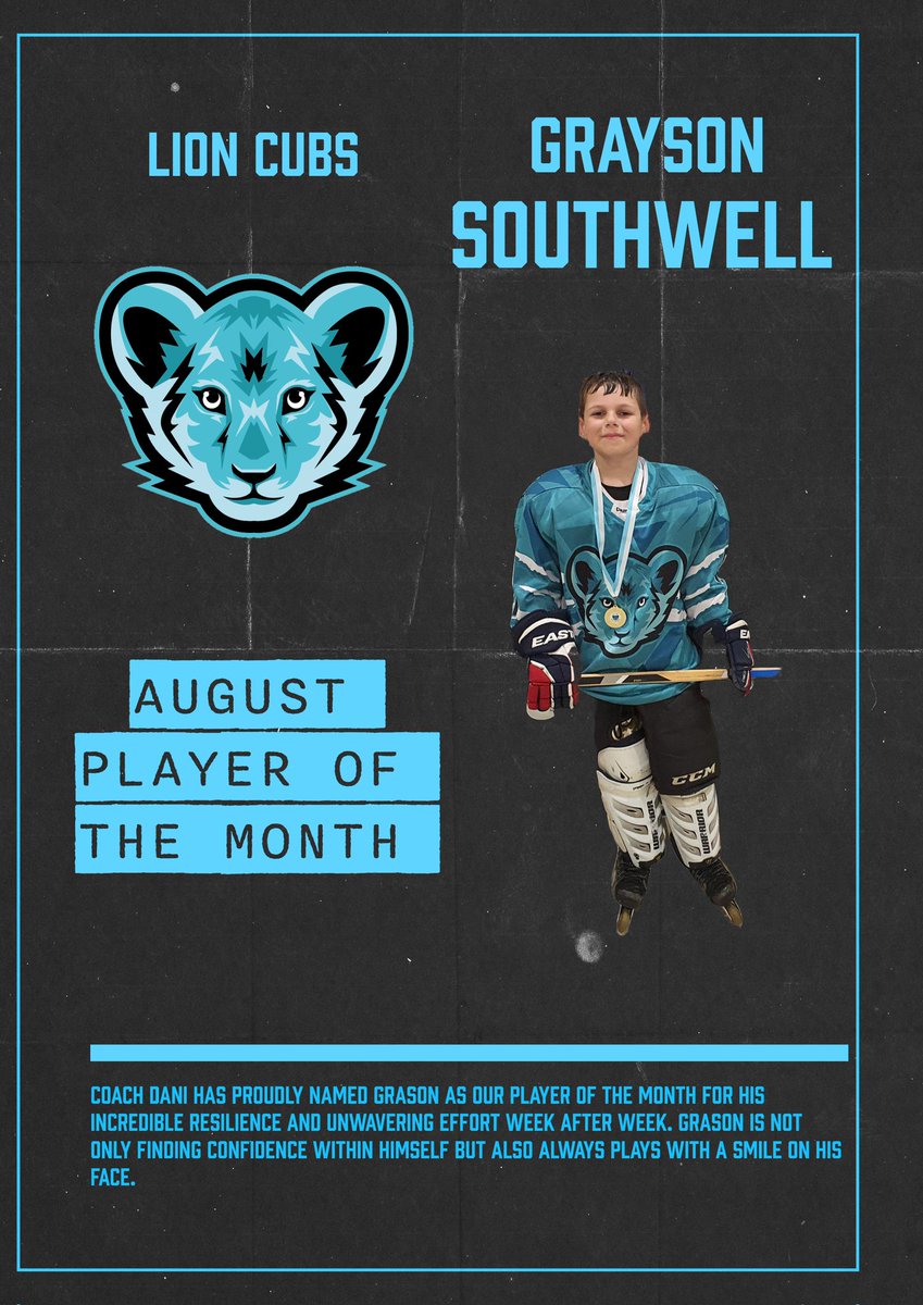 🎉 Congrats to Grason! 🎉 Named Player of the Month for his resilience and effort. Always confident and smiling! 😄 Keep it up, Grason! 🌟 #PlayerOfTheMonth #Resilience #KeepSmiling #HockeyHeroes #LionCubs #ProudMoment #FutureStar #TeamSpirit #HardWorkPaysOff