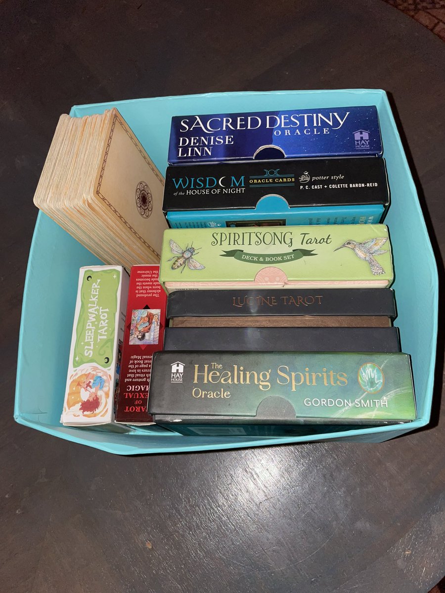 Selling this box of tarot and oracle cards ! 

DM me if interested 

$150 for the box otherwise lmk which deck you’re interested in ☺️🧡