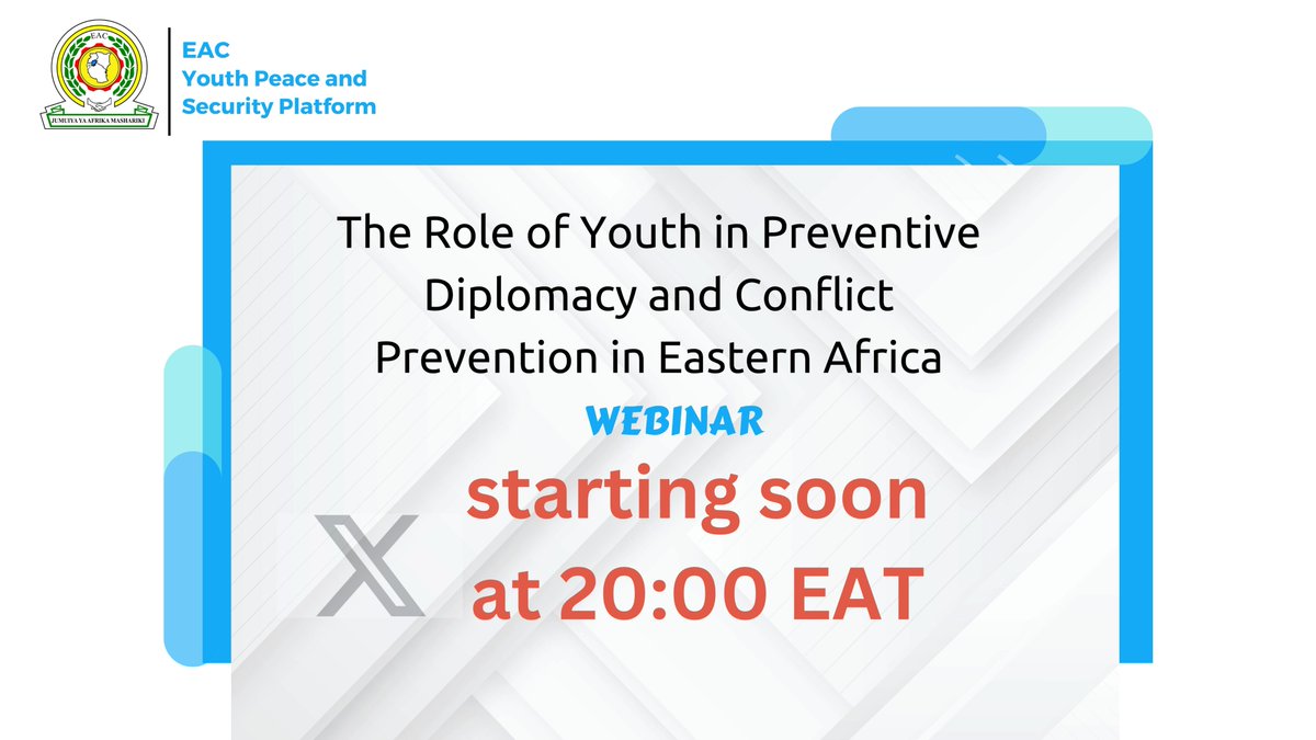 Starting in a few minutes. Join the youth conversation this evening. 20:00 EAT. <a href="/jumuiya/">East African Community</a> 
x.com/i/spaces/1BRJj…