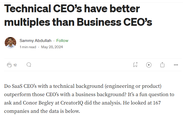 kuantumstecu's tweet photo. Ada studi tentang CEO startup SAAS, mengenai background business dan teknik. 

Revenue multiple sama growth-nya bagusan dari teknik, tapi margin EBITDA-nya bagusan dari bisnis.

https://t.co/cwrgIBW3Tf https://t.co/XGblof8p9k