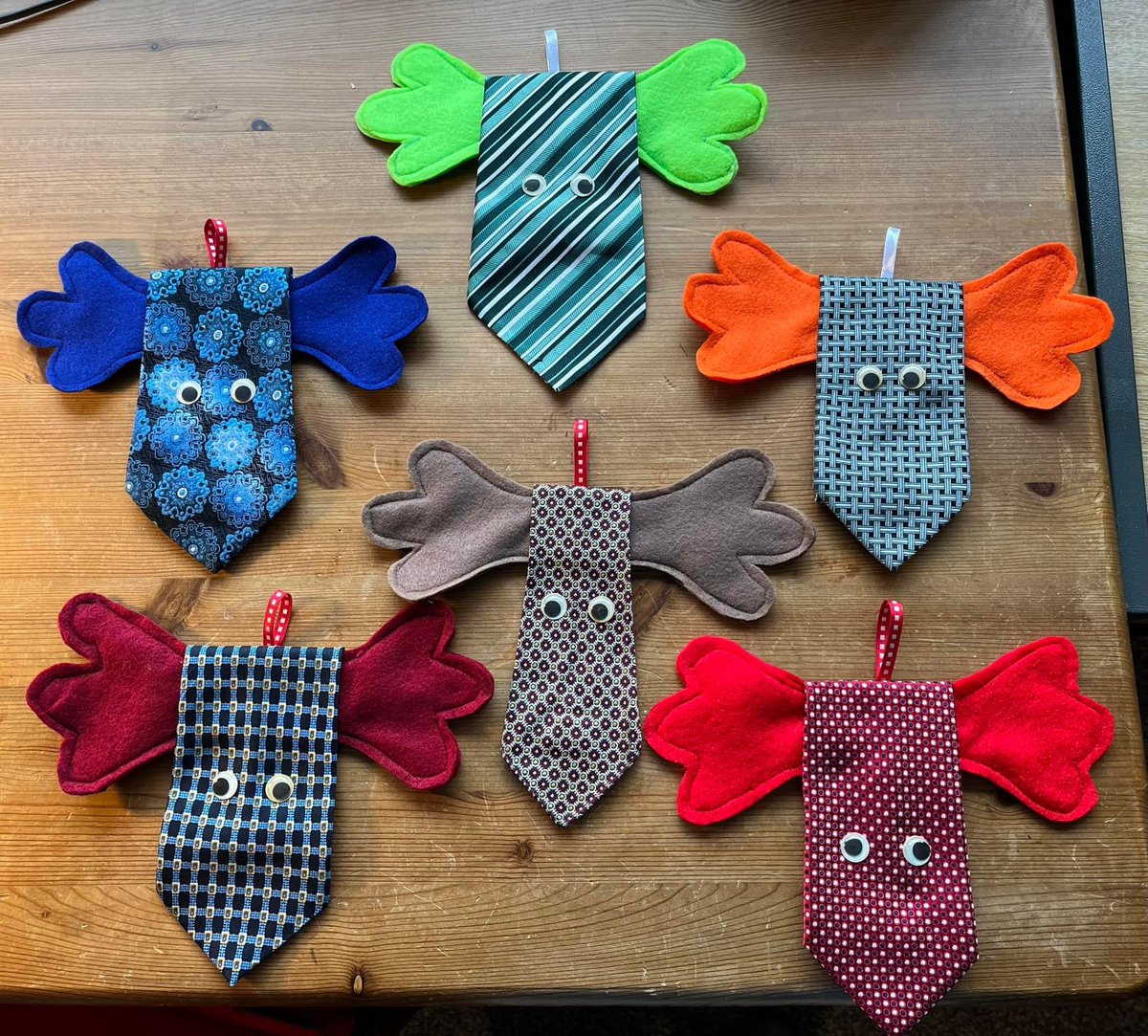TomkinsonLinda's tweet photo. Mum and I have had a very productive afternoon turning ties into reindeer ready for the Christmas Fair!!! https://t.co/K9ey1nFN1T