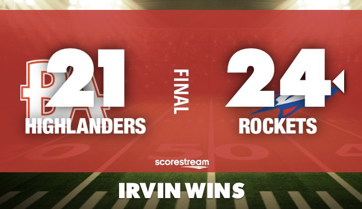 MTZ Media (@mtz_media915) on Twitter photo FINAL in HS 🏈 last night
Bel Air 2️⃣1️⃣
🆚
<a href="/IrvinRocketftbl/">Irvin Rockets Football</a> 2️⃣4️⃣
The Rockets improve to 1-1, while the Highlanders fall to 0-2 🚀🔵🔴🔥♨️
#MTZMedia #TXHSFB FINAL in HS 🏈 last night
Bel Air 2️⃣1️⃣
🆚
<a href="/IrvinRocketftbl/">Irvin Rockets Football</a> 2️⃣4️⃣
The Rockets improve to 1-1, while the Highlanders fall to 0-2 🚀🔵🔴🔥♨️
#MTZMedia #TXHSFB