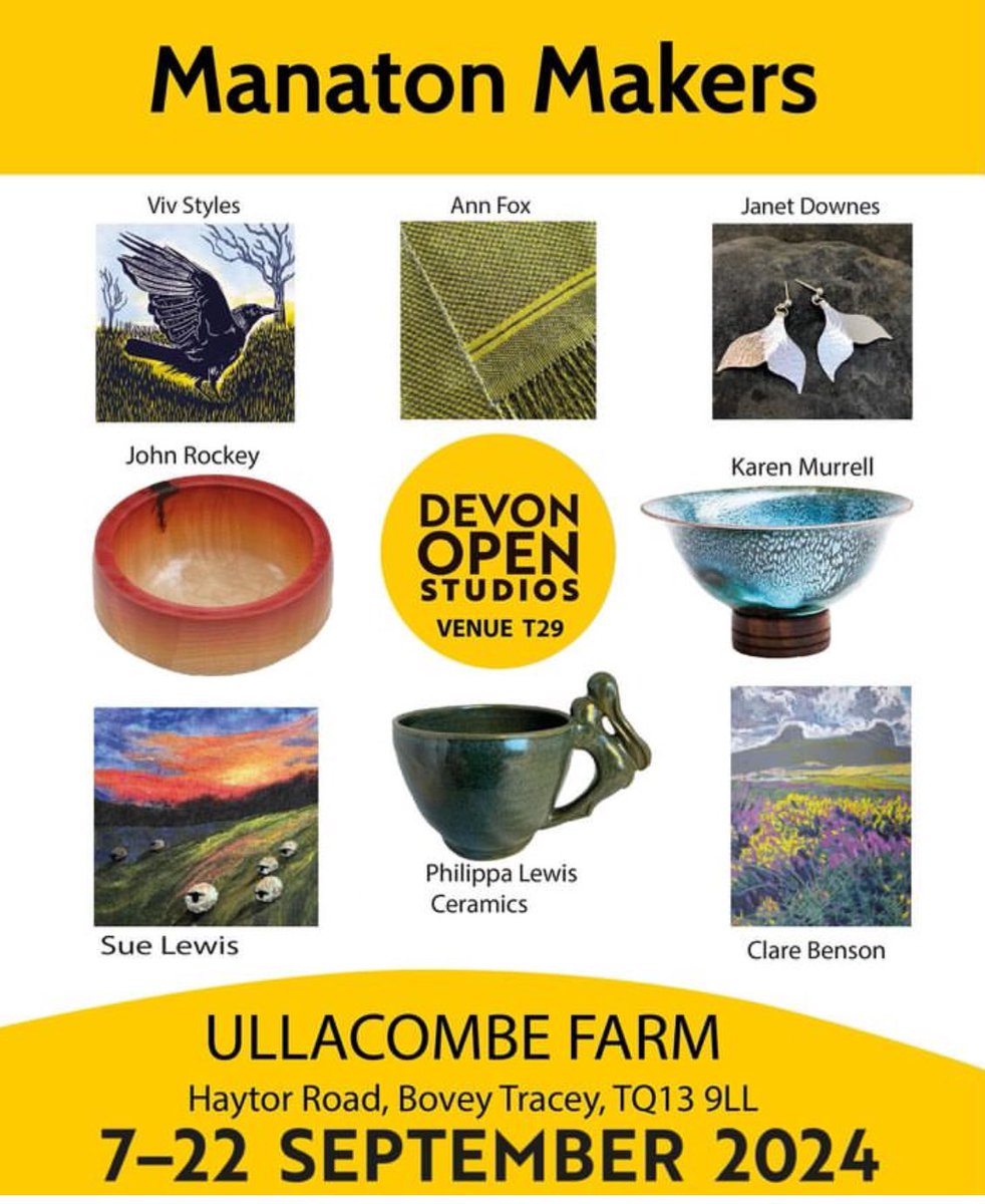 Manaton makers (@manatonmakers1) on Twitter photo We are at <a href="/ullacombefarm/">Ullacombefarmshop</a> again for #DevonOpenStudios
Come and see the #ART!
We are on the #BoveyTracey / #Haytor road at venue T29!
Look for the yellow arrows!
<a href="/VivStylz/">Viv Styles</a> <a href="/HomespunDevon/">Sue Lewis</a> We are at <a href="/ullacombefarm/">Ullacombefarmshop</a> again for #DevonOpenStudios
Come and see the #ART!
We are on the #BoveyTracey / #Haytor road at venue T29!
Look for the yellow arrows!
<a href="/VivStylz/">Viv Styles</a> <a href="/HomespunDevon/">Sue Lewis</a>