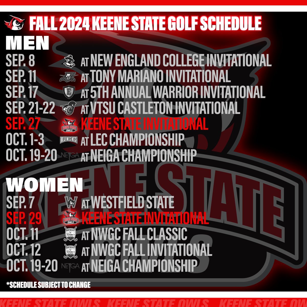 .<a href="/KeeneStateGolf/">Keene State Golf</a> gets underway this weekend! #GoOwls 🦉