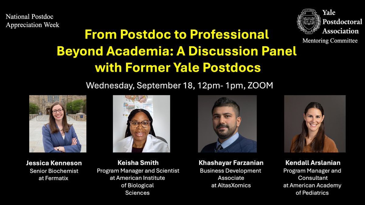Yale Postdoctoral Association (YPA) (@yalepostdocasso) on Twitter photo Join us for a panel discussion with former Yale postdocs who transitioned to diverse roles outside academia. Gain insights into their experiences, career development tips, explore new opportunities and ask your questions! #ypa <a href="/nationalpostdoc/">nationalpostdoc</a> Join us for a panel discussion with former Yale postdocs who transitioned to diverse roles outside academia. Gain insights into their experiences, career development tips, explore new opportunities and ask your questions! #ypa <a href="/nationalpostdoc/">nationalpostdoc</a>