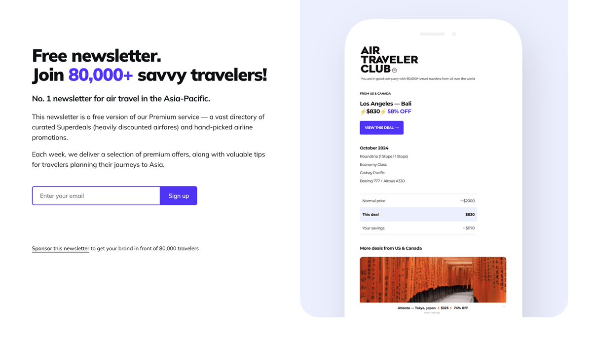 Khalid Farhan (@iamkhalidfarhan) on Twitter photo This 4 year old travel newsletter, built on <a href="/beehiiv/">beehiiv š</a> is on sale. Not the whole thing, 10% of it.
Age: 4 years
Monthly Profit: USD $417 /mo
Profit Margin: 83%
Profit Multiple: 1.2x
Revenue Multiple: 1.0x
Active Subscribers: 8,000
Open Rate: 30%
Click-Through Rate: 1%
Unsubscribe This 4 year old travel newsletter, built on <a href="/beehiiv/">beehiiv š</a> is on sale. Not the whole thing, 10% of it.
Age: 4 years
Monthly Profit: USD $417 /mo
Profit Margin: 83%
Profit Multiple: 1.2x
Revenue Multiple: 1.0x
Active Subscribers: 8,000
Open Rate: 30%
Click-Through Rate: 1%
Unsubscribe