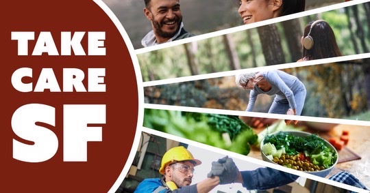 SF_emergency's tweet photo. #TakeCareSF! This weekend, take some time for self-care. Manage your mental health:
📱 Connect with others
🍃 Take a break outside
👟 Exercise
🍎 Eat healthy foods
👐 Reach out for help https://t.co/dItfGb7o62
