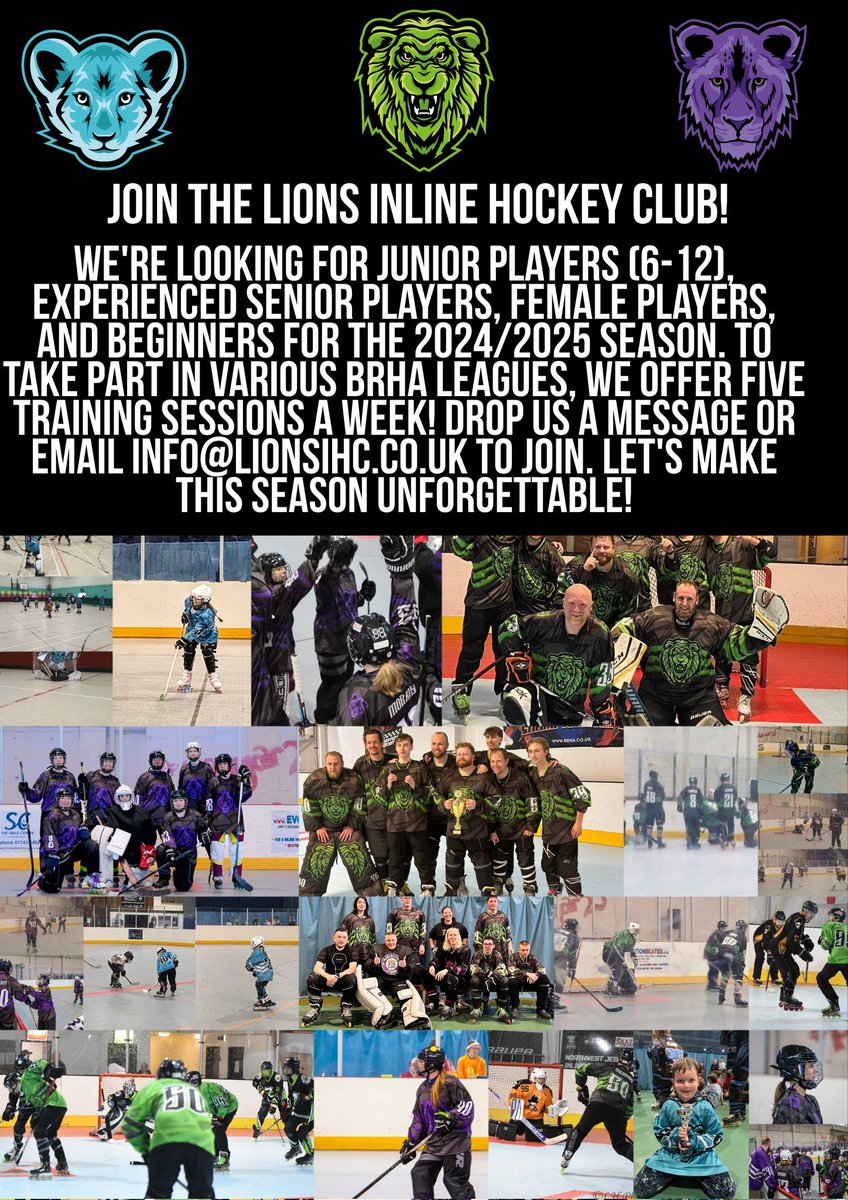 🏒Join the Lions Inline Hockey Club!🦁
We're gearing up for the 2024/2025 season and looking for:
Junior Players (6-12)
Experienced Players
Female Players
Beginners
Drop us a message or contact us at info@lionsihc.co.uk. Let's make this season unforgettable! #JoinUs #InlineHockey