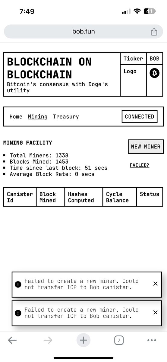 cryptoyush's tweet photo. @bobdotfun Why failed to create new miner? I tried multiple times. https://t.co/lcdfLCv6k5