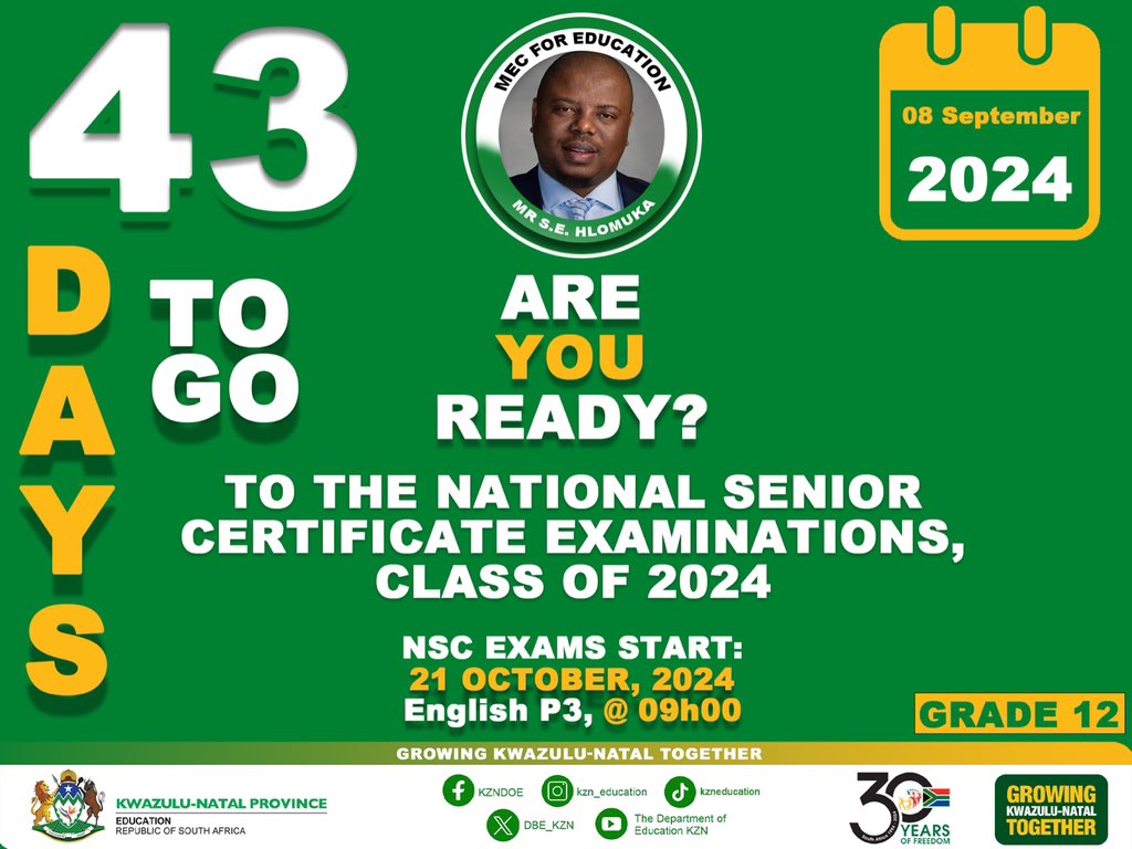DBE_KZN's tweet photo. 43 days and counting! 

You’re almost there Matrics!! Keep your eyes on the prize and stay committed to your goals.

#KZNDOE #MatricCountdown #43DaysToGo #NSCExams #EducationMatters #ClassOf2024 https://t.co/A3ti9caXQt
