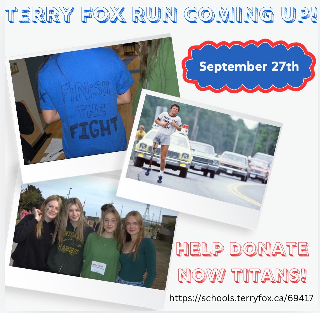 Terry Fox run coming up Titians!! Don't forget to donate using the link.