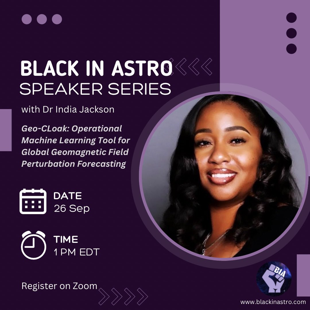 📣 Join Black In Astro for our 1st professional development speaker series featuring Black scientists, engineers and educators in the space-sciences. This 1st session will feature a talk and Q&amp;A with Dr. India Jackson🌍

More information and registration us06web.zoom.us/webinar/regist…