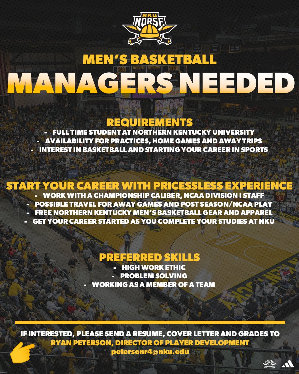 Looking to get your career started in 𝐒𝐏𝐎𝐑𝐓𝐒?!?

We are looking for managers to round out our staff!

Get a once-in-a-lifetime opportunity to work w/ a NCAA Division I championship squad 👀

𝗜𝗻𝘁𝗲𝗿𝗲𝘀𝘁𝗲𝗱 𝗦𝘁𝘂𝗱𝗲𝗻𝘁𝘀 👉 petersonr4@nku.edu

<a href="/NKUNorse/">Northern Kentucky Athletics</a> | #NorseUp