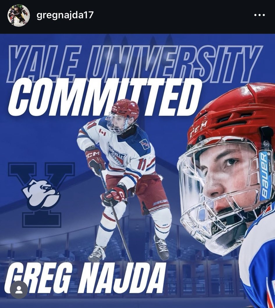 '08 Greg Najda has committed to Yale! The forward out of Ontario spent last season with the powerhouse Oakville Rangers, scoring 24 points in 23 games. Najda was a 7th-round selection to the Sudbury Wolves in the 2024 OHL Draft.