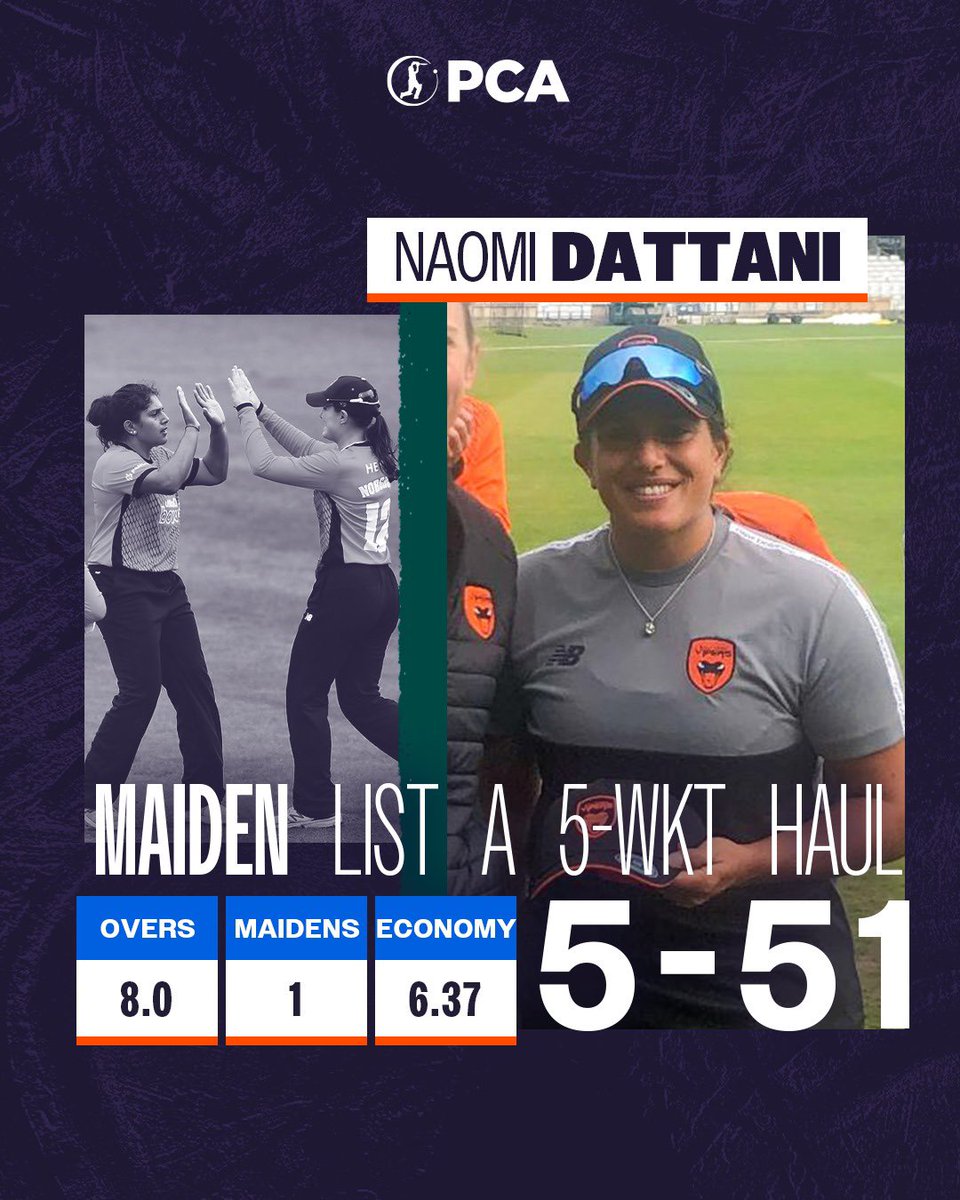 PCA (@pca) on Twitter photo Joins <a href="/southernvipers_/">Southern Vipers</a> & immediately delivers 💥
A first 5-wicket haul for <a href="/NaomiDattani/">Naomi Dattani</a> in List A cricket 🖐️
#RHFTrophy Joins <a href="/southernvipers_/">Southern Vipers</a> & immediately delivers 💥
A first 5-wicket haul for <a href="/NaomiDattani/">Naomi Dattani</a> in List A cricket 🖐️
#RHFTrophy