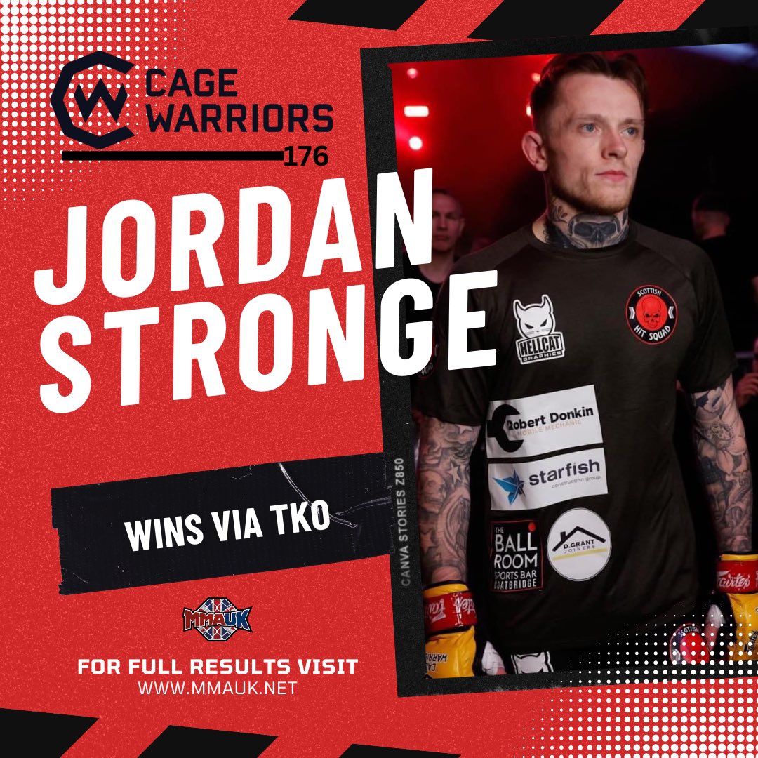 Jordan Stronge wins via TKO at Cage Warriors 176 👊
#cw176 #cagewarriors #mmauk 
Full results here 
mmauk.net/2024/09/07/cag…