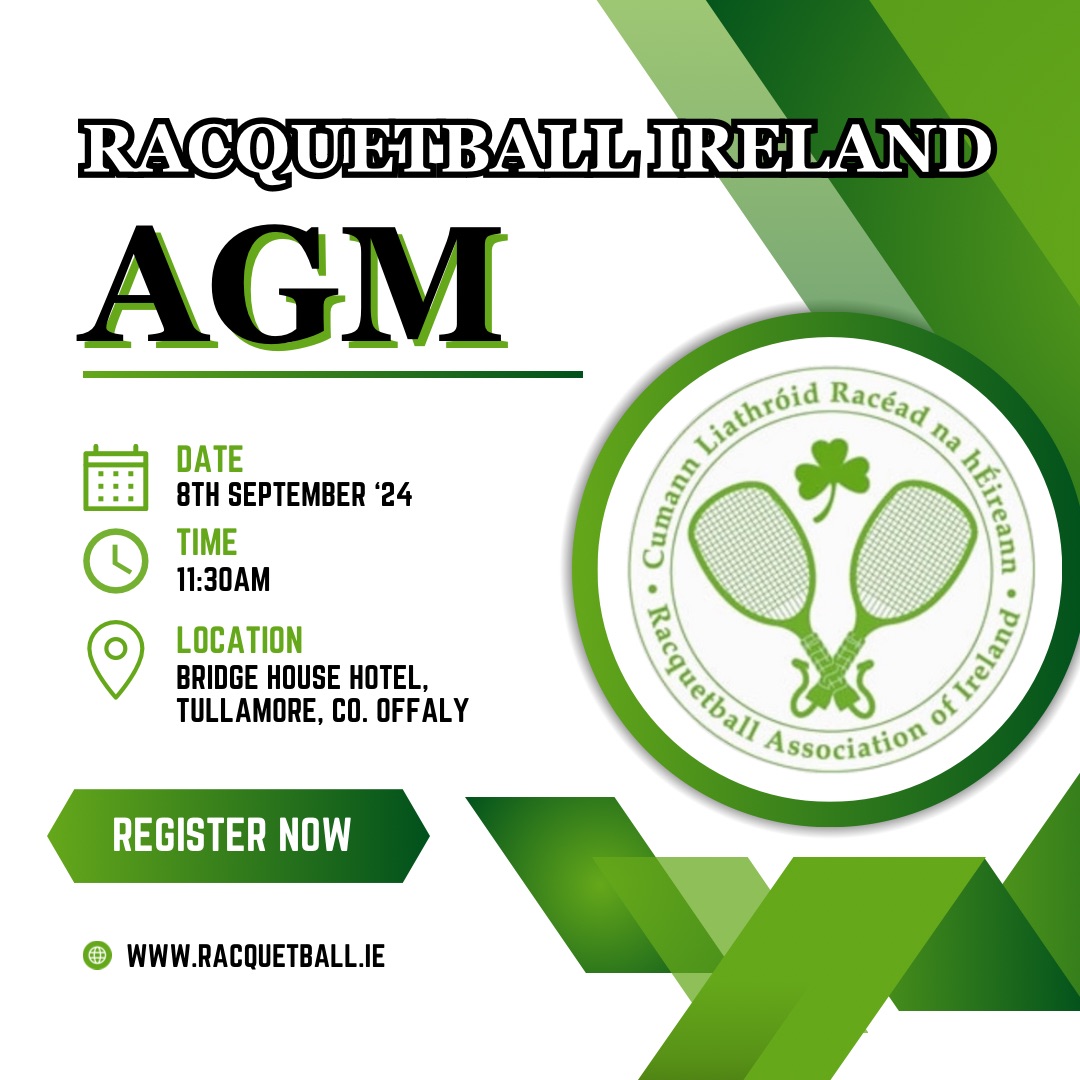 A reminder that the Racquetball Ireland AGM takes place tomorrow, Sunday the 8th September in Bridge House Hotel, Tuallamore, Co. Offaly ‼️

Please see the below link to Zoom which you can join our AGM on at 11:30am sharp tomorrow morning below ⬇️ 

us06web.zoom.us/j/83012068108