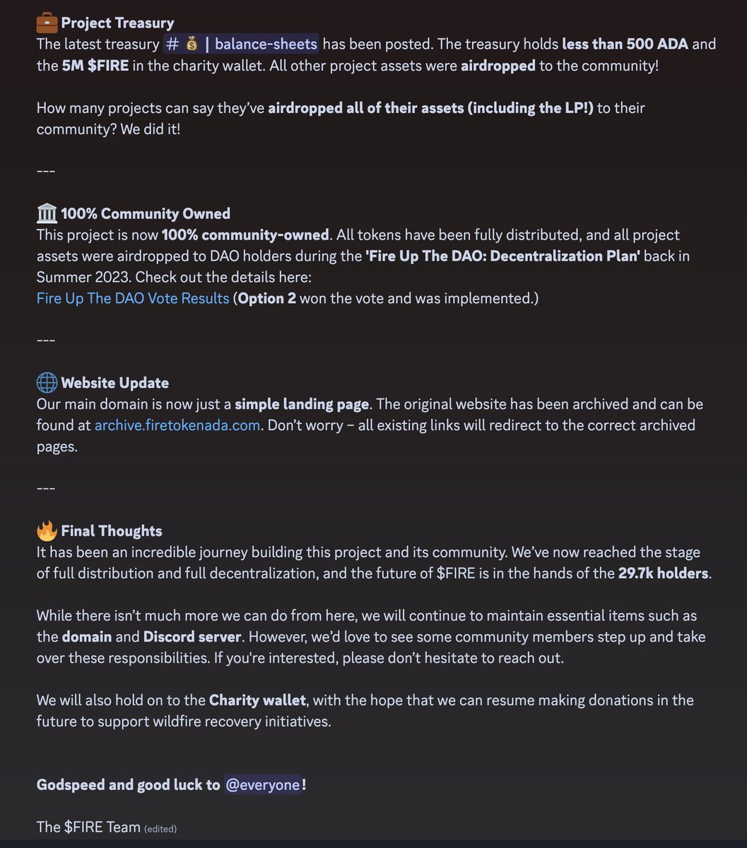 FireTokenADA's tweet image. 📢Community Update - September 2024📢

Highlights include:

- 🔥 100% (practically) Distribution
- 🌾 Minswap Farm Ended
- 💧 DripDropz Ended
- 🏛️ 100% Community Owned
- 🌐 Website Update