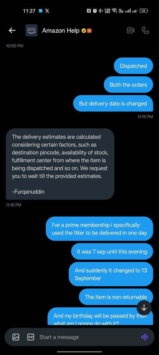 alexatweetforme's tweet photo. AMAZON CHARGES PRIME MEMBERSHIP AND YET PROVIDE CRAP SERVICE.

What a lovely assistance provided by @amazonIN @amazon 
I wasn't aware that @AmazonHelp used robots for customer service. 

What a pathetic service!!!! https://t.co/6gl4T5U8Xh