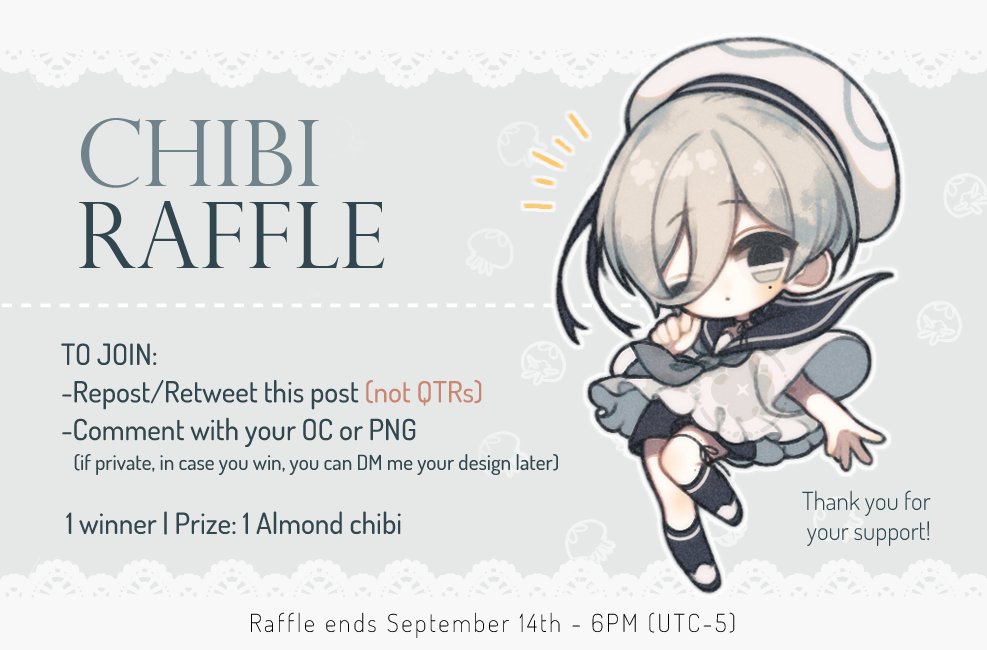🪻 Chibi Raffle 🪻
I wanted to do one for so long but I was so busy TT

To join this raffle following isn't required! but appreciated if you do, thank you! ✿