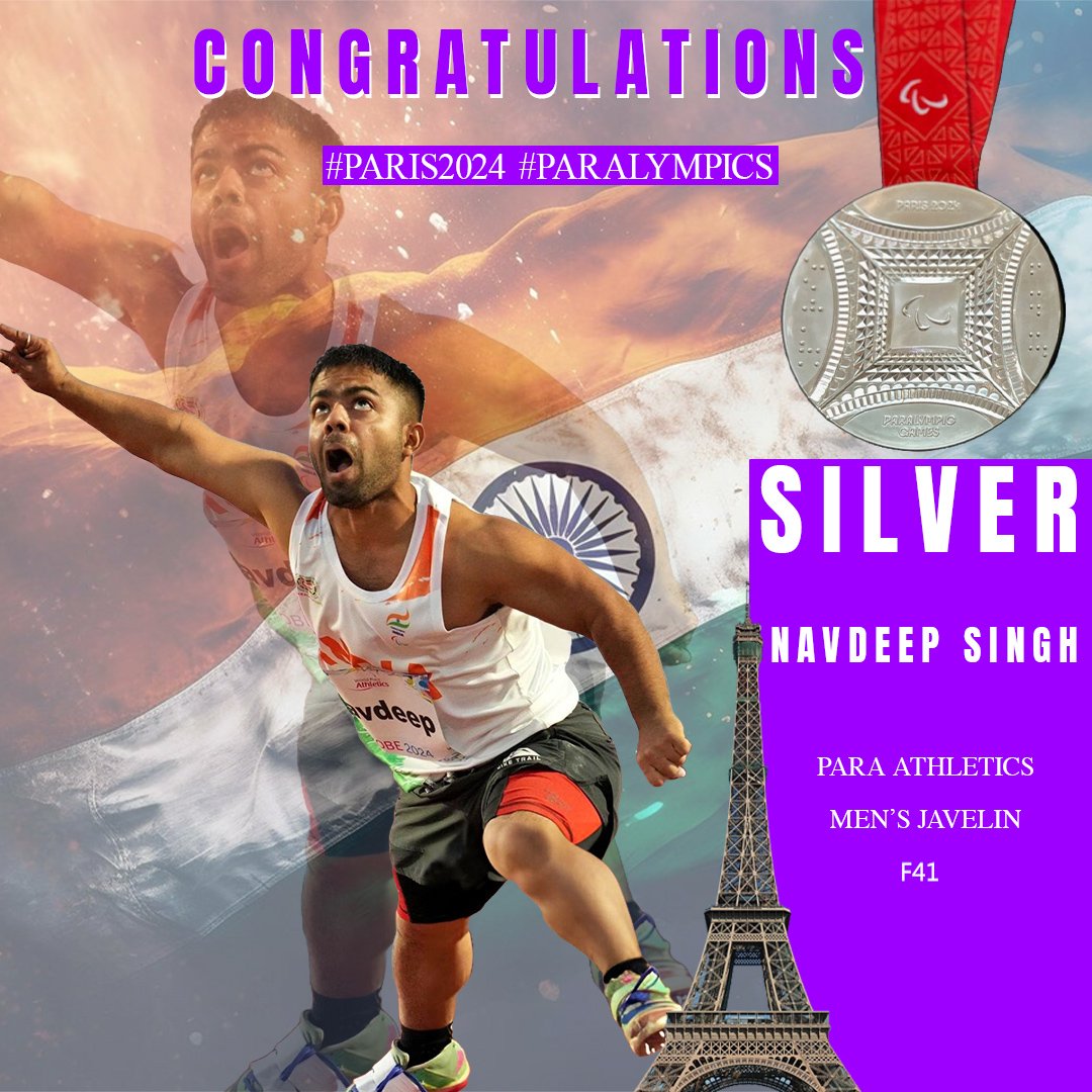 DeepaAthlete's tweet image. Within minutes, another Personal Best, another Medal! @Navdeepjavelin Congratulations on winning SILVER!!🥈From 4th in Tokyo to Silver at #Paris2024, your tenacity &amp;amp; drive is a force to reckon with!🎊💫
Javelin Powerhouse 🇮🇳
#Paralympics2024 #MachaDhoom #Cheer4Bharat #Paralympics