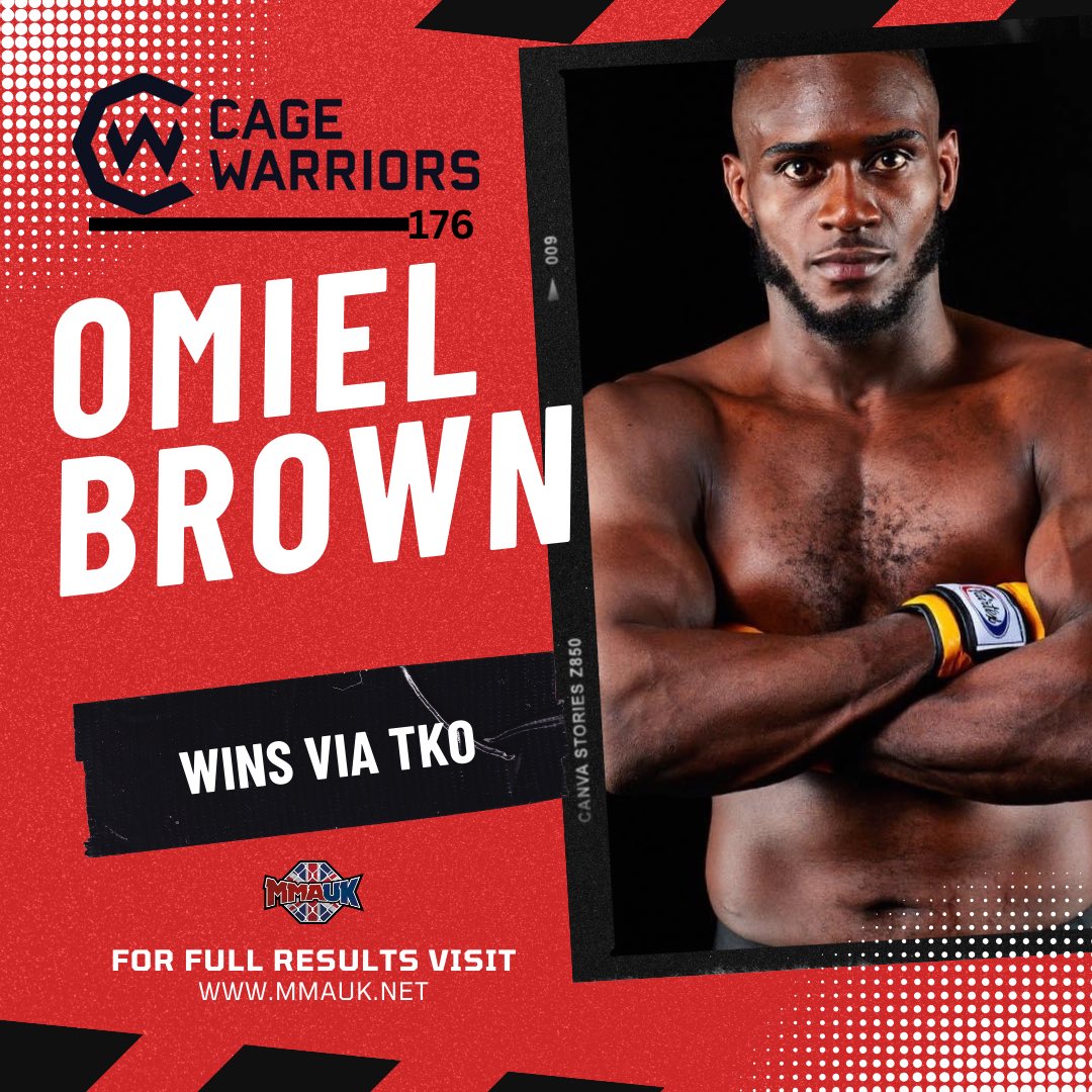 Omiel Brown wins via TKO at Cage Warriors 176 and advances to the final of the 50k tournament 👊
#cw176 #cagewarriors #mmauk 
Full results here 
mmauk.net/2024/09/07/cag…