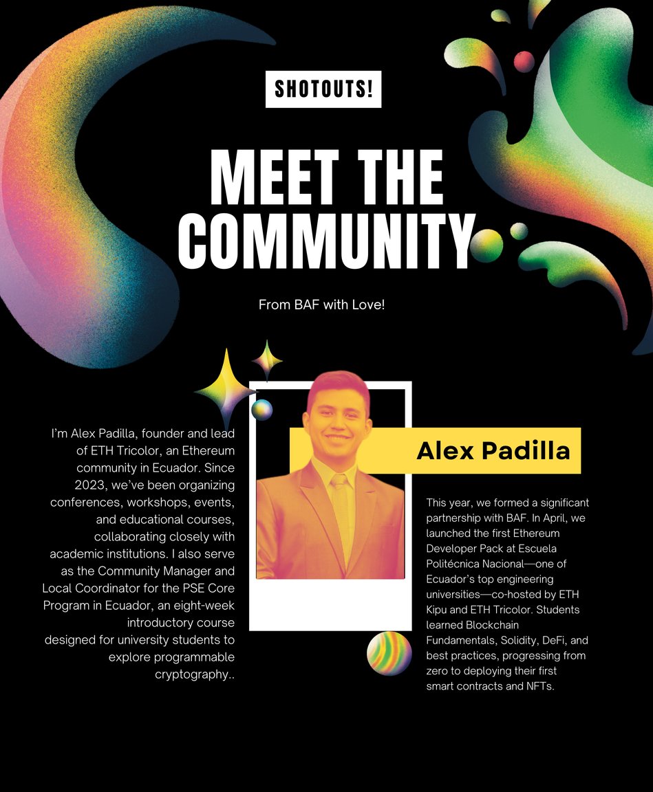 BAF (@thebafnetwork) on Twitter photo Shoutout to <a href="/padimaster/">Alex Padilla</a>, founder of @ETHTricolor Your collaboration with BAF and the work you’re doing at <a href="/EPNEcuador/">EPNEcuador</a> and other universities shows how the new generation is making real change. Let’s keep making moves together. 💜🫶 Shoutout to <a href="/padimaster/">Alex Padilla</a>, founder of @ETHTricolor Your collaboration with BAF and the work you’re doing at <a href="/EPNEcuador/">EPNEcuador</a> and other universities shows how the new generation is making real change. Let’s keep making moves together. 💜🫶