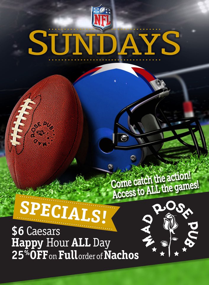 Join us Every Sunday for all the #NFL Action! We have access to ALL Games. HAPPY HOUR Prices ALL DAY. 25% off FULL Order of Nachos &amp; $6 Caesars. #yycpubs #nfl #yycbeer