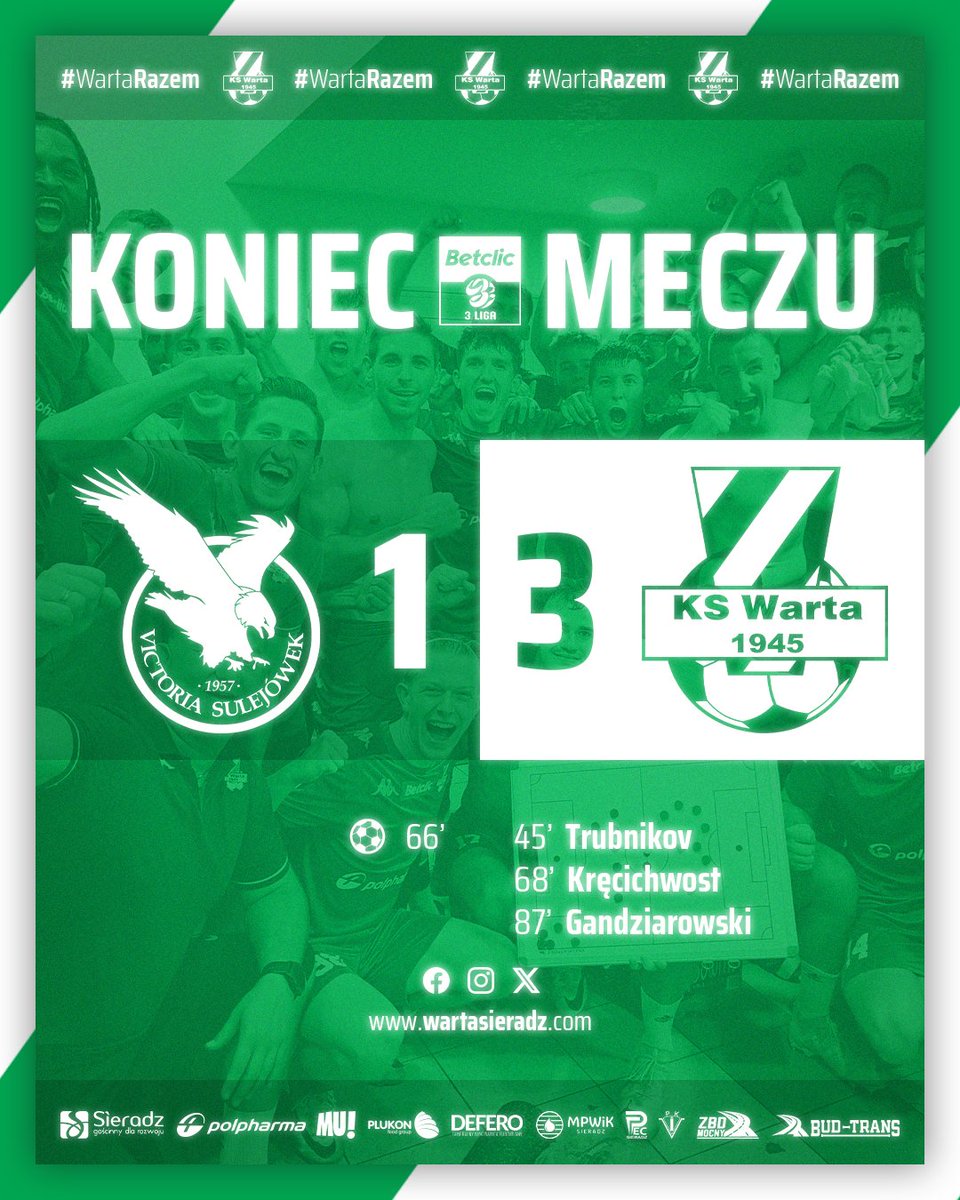 ✅ Trzy punkty wracają do Sieradza! 👊👊👊

⚽ 45' Oleg Trubnikov (🅰️ B. Kręcichwost)
⚽ 68' Bartłomiej Kręcichwost (🅰️ M. Karlikowski)
⚽ 87' Maksymilian Gandziarowski (🅰️ B. Kręcichwost)

#WartaRazem! 🟩⬜🟩